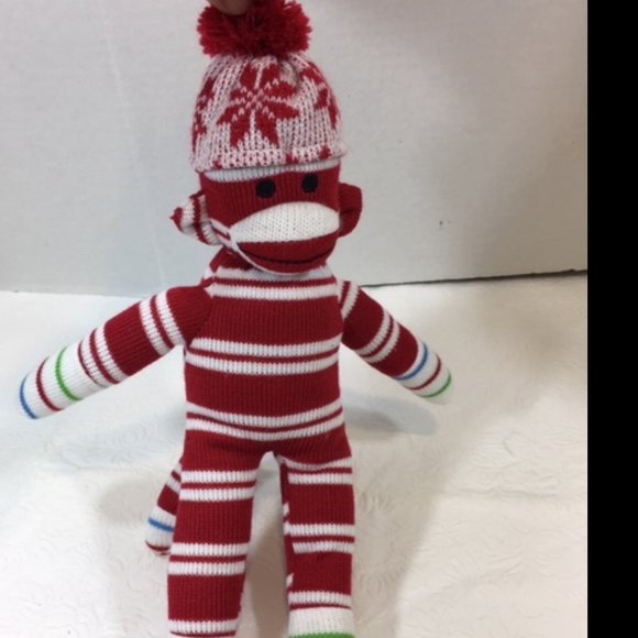 Plushland Red White Striped Winter Sock Knit Monkey 12" - Picture 5 of 11